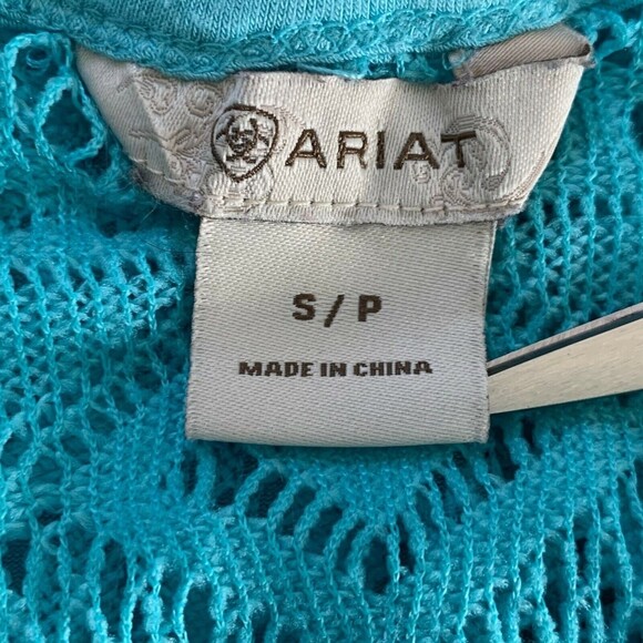 Ariat Gauze Knit Top Women S Turquoise 1/2 Button Lace Short Sleeves & Back - Picture 8 of 9